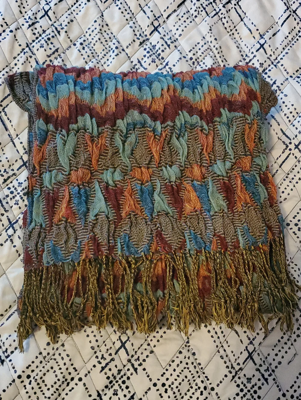 Vintage Italian Multicolor Rainbow Ripple Knit Fringe Scarf